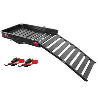 CURT 50" x 30.5" Folding Aluminum Hitch Cargo Carrier with Ramp and 2 Ratchet Straps CURT 50x30.5 Aluminum Folding Hitch Carrier with Ramp and Ratchet Straps