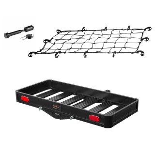 CURT Lightweight Aluminum Hitch Carrier – 49"x22.5" w/ Net & Lock CURT 49x22.5 Black Aluminum Hitch Cargo Carrier Bundle with Net and Lock