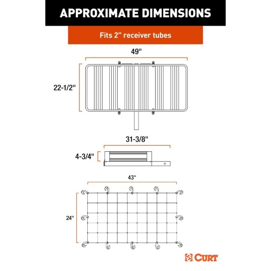 CURT Black Aluminum Basket Hitch Cargo Carrier 49x22.5 + Cargo Net, 500 lb CURT 49x22.5 black aluminum hitch cargo carrier with elastic cargo net – 500 lb capacity