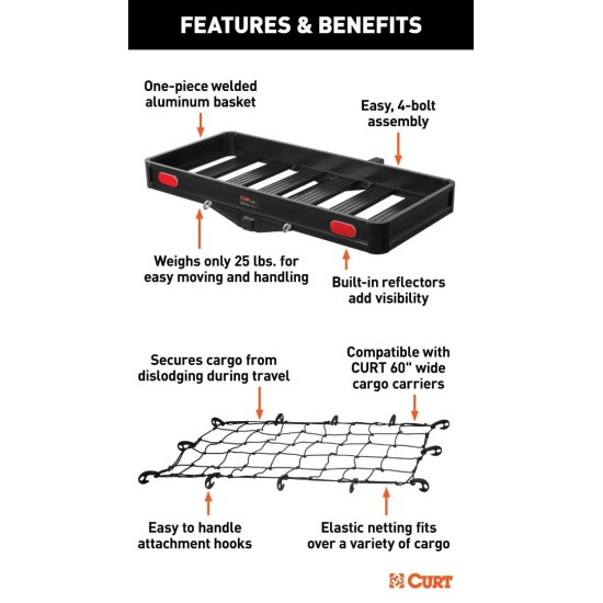 CURT Black Aluminum Basket Hitch Cargo Carrier 49x22.5 + Cargo Net, 500 lb CURT 49x22.5 black aluminum hitch cargo carrier with elastic cargo net – 500 lb capacity