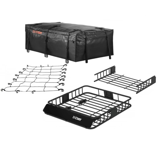 CURT Roof Rack Cargo Carrier Bundle with Extension, Bag, and Net CURT steel roof rack cargo carrier bundle with extension, bag, and net 63x37 inch