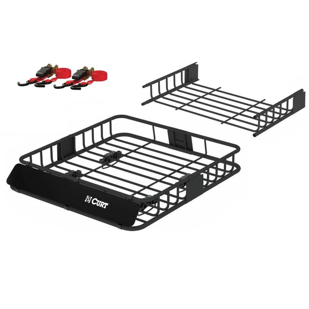 CURT Roof Rack Basket 63x37 with 21" Extension and Ratchet Tie-Down Straps CURT 63x37 Steel Roof Rack Cargo Carrier with Extension and Tie-Down Straps
