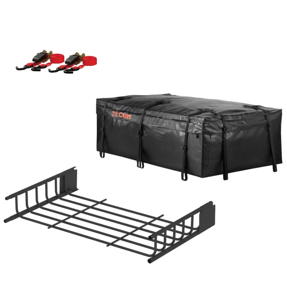 CURT 21x37 Roof Rack Extension Kit with Vinyl Bag and Tie-Down Straps CURT Roof Extension with Weatherproof Bag and 2 Ratchet Straps – Fits 18115