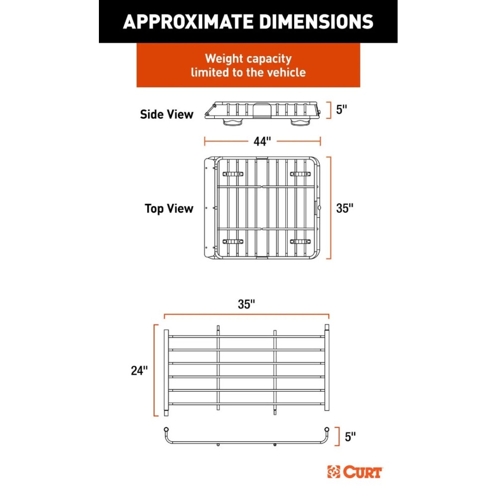 CURT 44x35 Roof Rack Cargo Carrier + Extension – 17 sq ft Basket CURT 44×35 steel roof rack cargo basket with 24″ extension (68×35), 17 sq ft, 200 lb