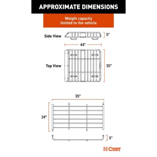 CURT 44x35 Roof Rack Cargo Carrier + Extension – 17 sq ft Basket CURT 44×35 steel roof rack cargo basket with 24″ extension (68×35), 17 sq ft, 200 lb