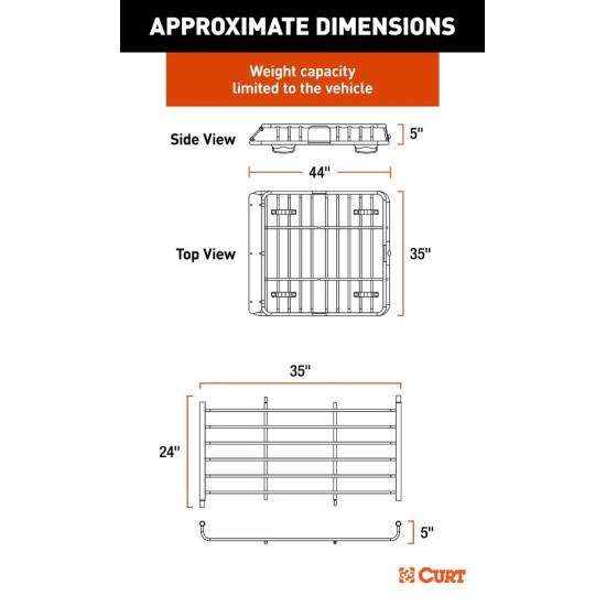 CURT 44x35 Roof Rack Carrier + Extension, Bag & Net – 17 sq ft CURT 44×35 roof rack basket with 24″ extension, 59×34 weather-proof bag & 64×36 net – 17 sq ft, 200 lb