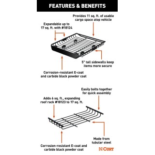 CURT 44x35 Roof Rack Cargo Carrier + Extension – 17 sq ft Basket CURT 44×35 steel roof rack cargo basket with 24″ extension (68×35), 17 sq ft, 200 lb