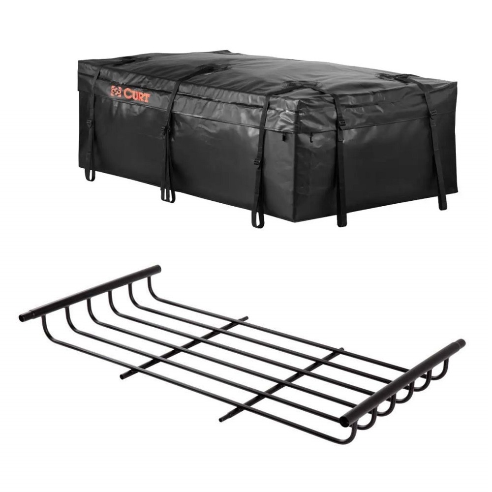 CURT Roof Rack Extension with Weatherproof Cargo Bag – Fits 18123 Basket CURT 6 sq ft roof rack extension with 59x34x21 weatherproof vinyl cargo bag