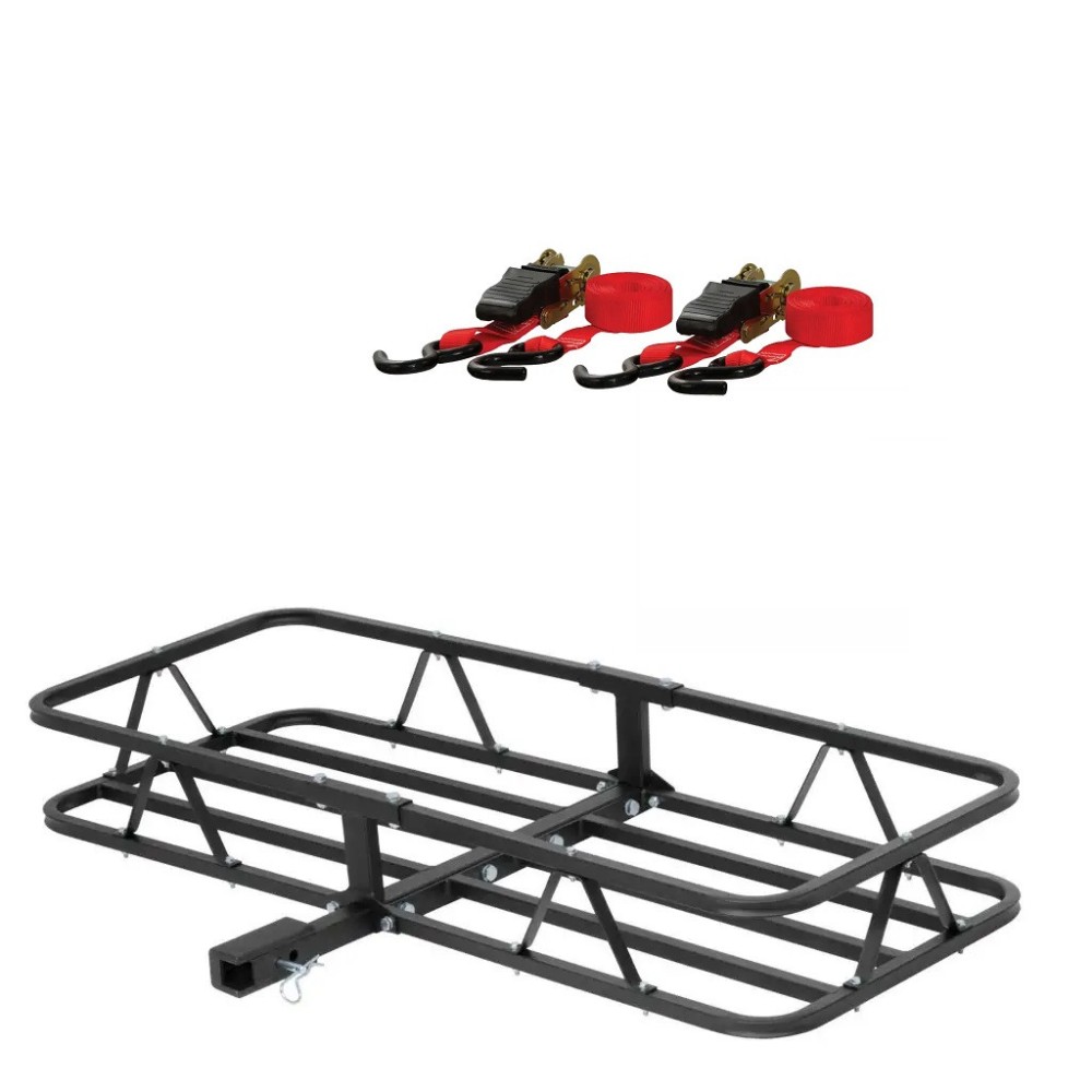 curt 48x20 hitch basket cargo carrier bundle with red ratchet straps on suv