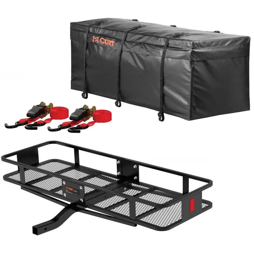 CURT Basket Hitch Cargo Carrier Bundle – 60" x 20" with Bag & Straps curt 60x20 steel hitch basket carrier bundle with weather‑resistant cargo bag and ratchet straps