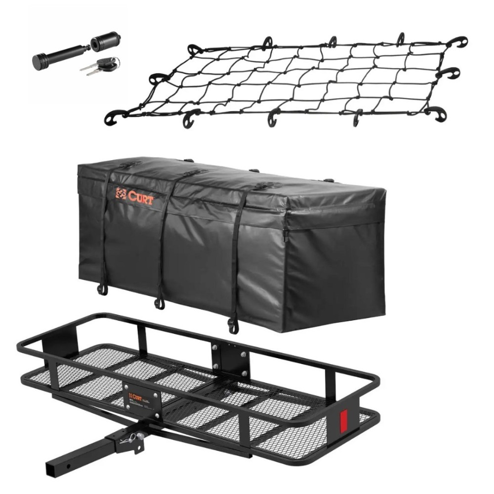 CURT 60x20 Folding Basket Cargo Carrier Bundle w/ Weatherproof Bag, Net, Lock CURT 60x20 Folding Hitch Basket Cargo Carrier with Bag, Net, and Hitch Lock