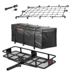 CURT 60x20 Folding Basket Cargo Carrier Bundle w/ Weatherproof Bag, Net, Lock CURT 60x20 Folding Hitch Basket Cargo Carrier with Bag, Net, and Hitch Lock