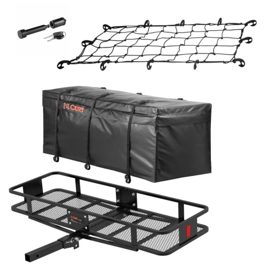 CURT 60x20 Folding Basket Cargo Carrier Bundle w/ Weatherproof Bag, Net, Lock CURT 60x20 Folding Hitch Basket Cargo Carrier with Bag, Net, and Hitch Lock
