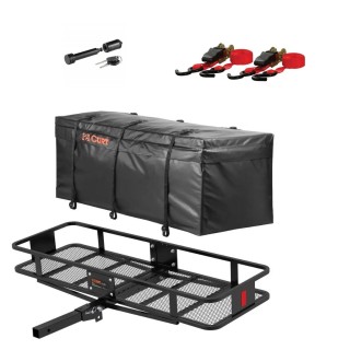 CURT Folding Basket Hitch Cargo Carrier 60x20 + Bag + Straps + Lock, 500 lb CURT 60x20 folding basket hitch cargo carrier with bag, straps & hitch lock – 500 lb capacity