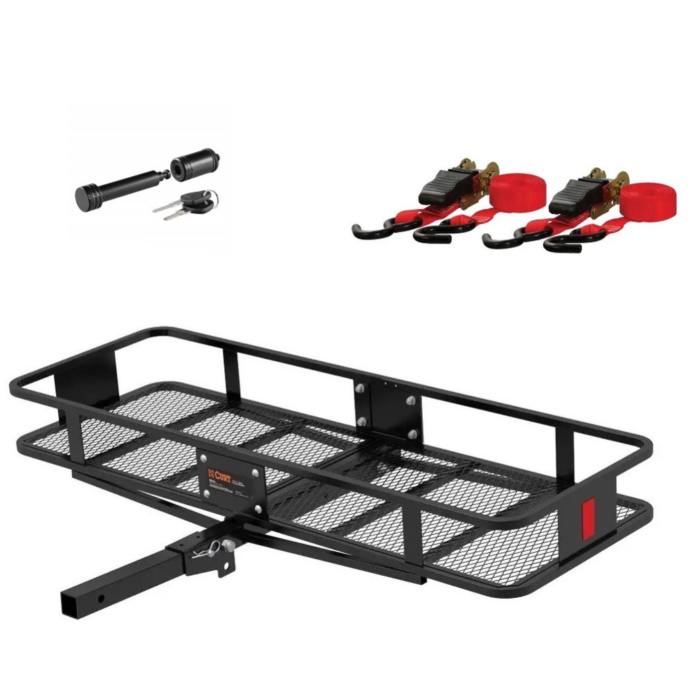 CURT Folding Basket Hitch Cargo Carrier 60x20 + Straps + Hitch Lock, 500 lb CURT 60x20 folding basket hitch cargo carrier with ratchet straps & hitch lock – 500 lb capacity