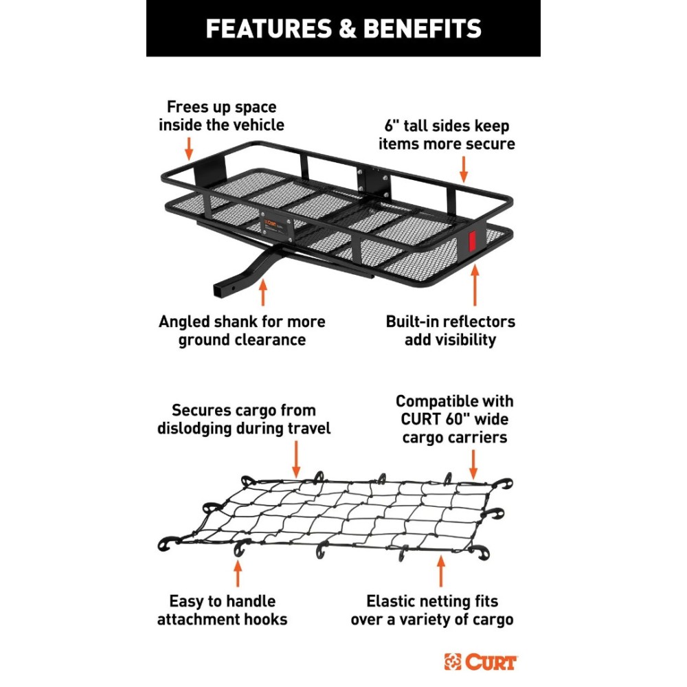 CURT Basket Hitch Carrier – 60"x24" w/ Net & Lock, Fixed 2" Shank CURT 60x24 Fixed Shank Basket Hitch Cargo Carrier with Net and Hitch Lock for 2" Receiver
