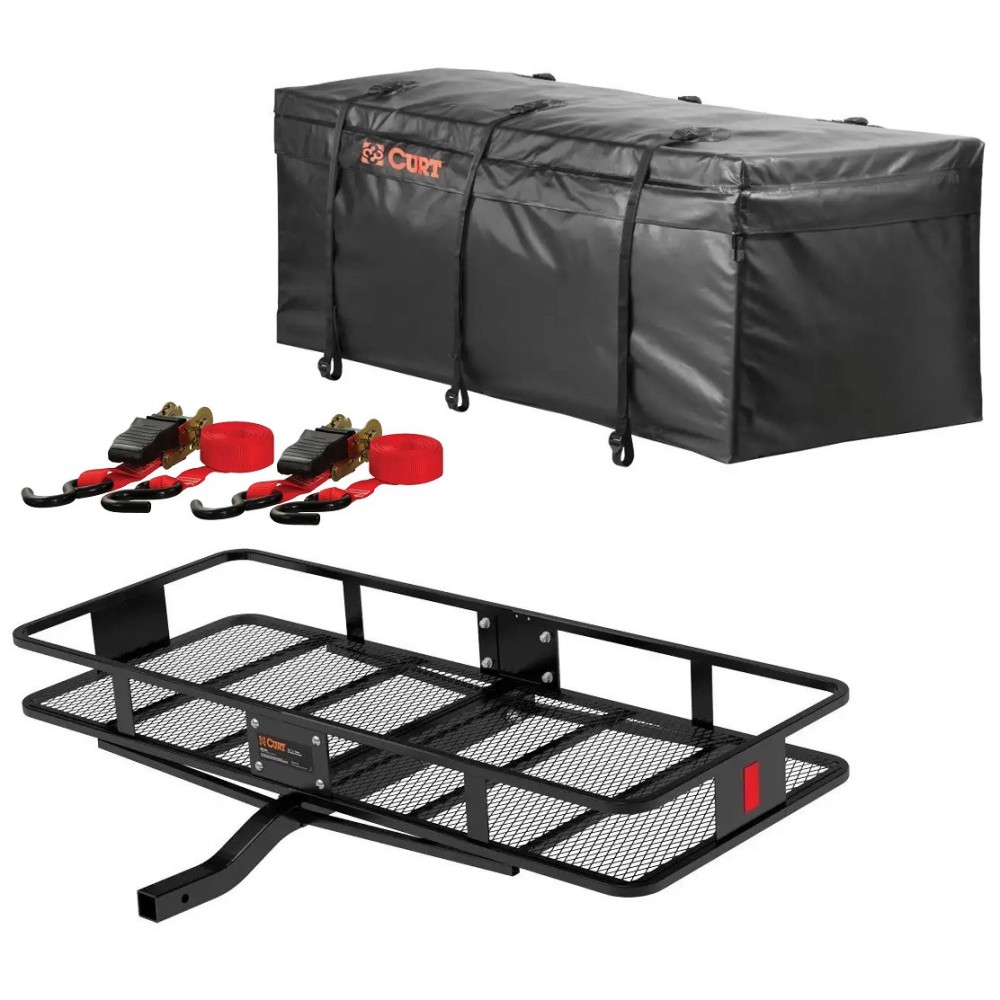 CURT 60x24 steel hitch cargo carrier kit with weather‑resistant bag and ratchet straps