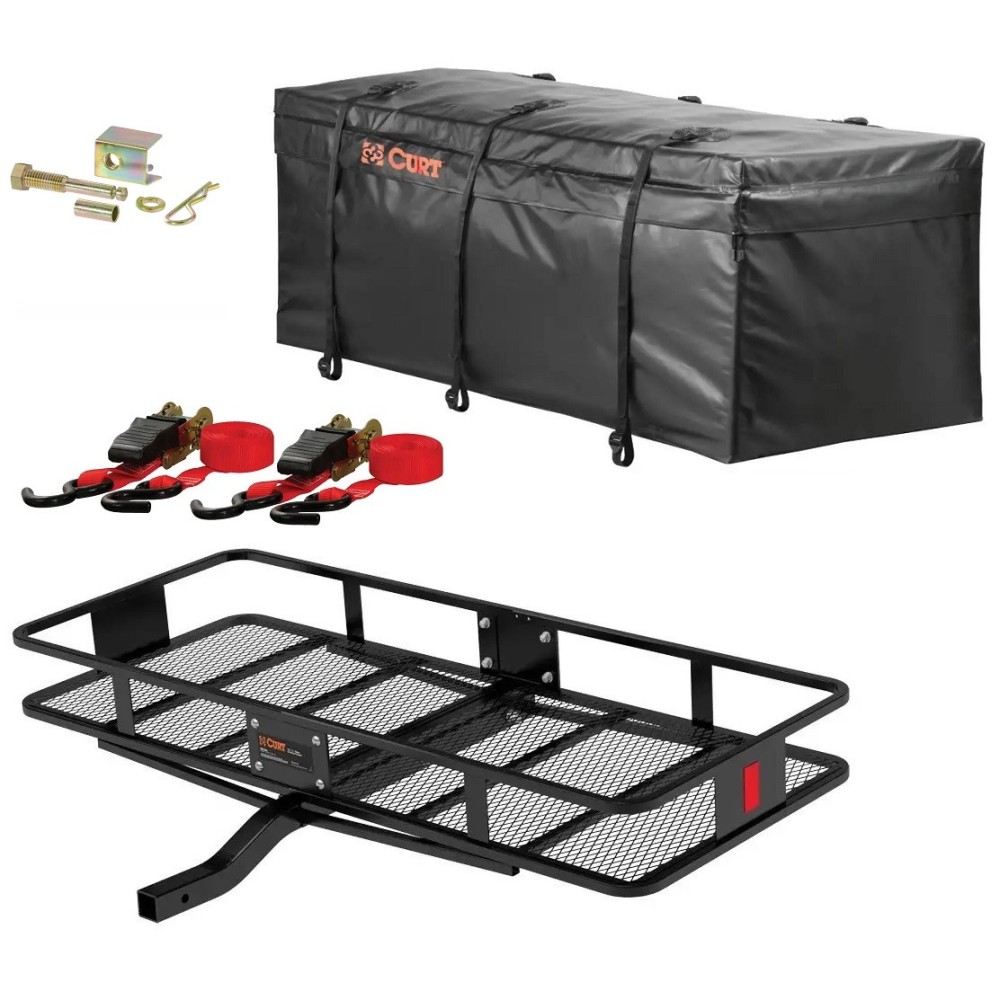 CURT 60x24 hitch cargo carrier bundle with weather-resistant bag and straps CURT 60x24 hitch basket cargo carrier with bag, straps, anti-rattle kit – complete bundle