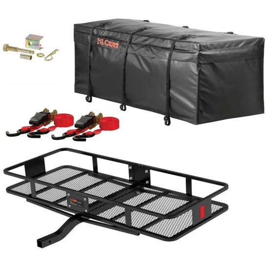 CURT 60x24 hitch cargo carrier bundle with weather-resistant bag and straps CURT 60x24 hitch basket cargo carrier with bag, straps, anti-rattle kit – complete bundle