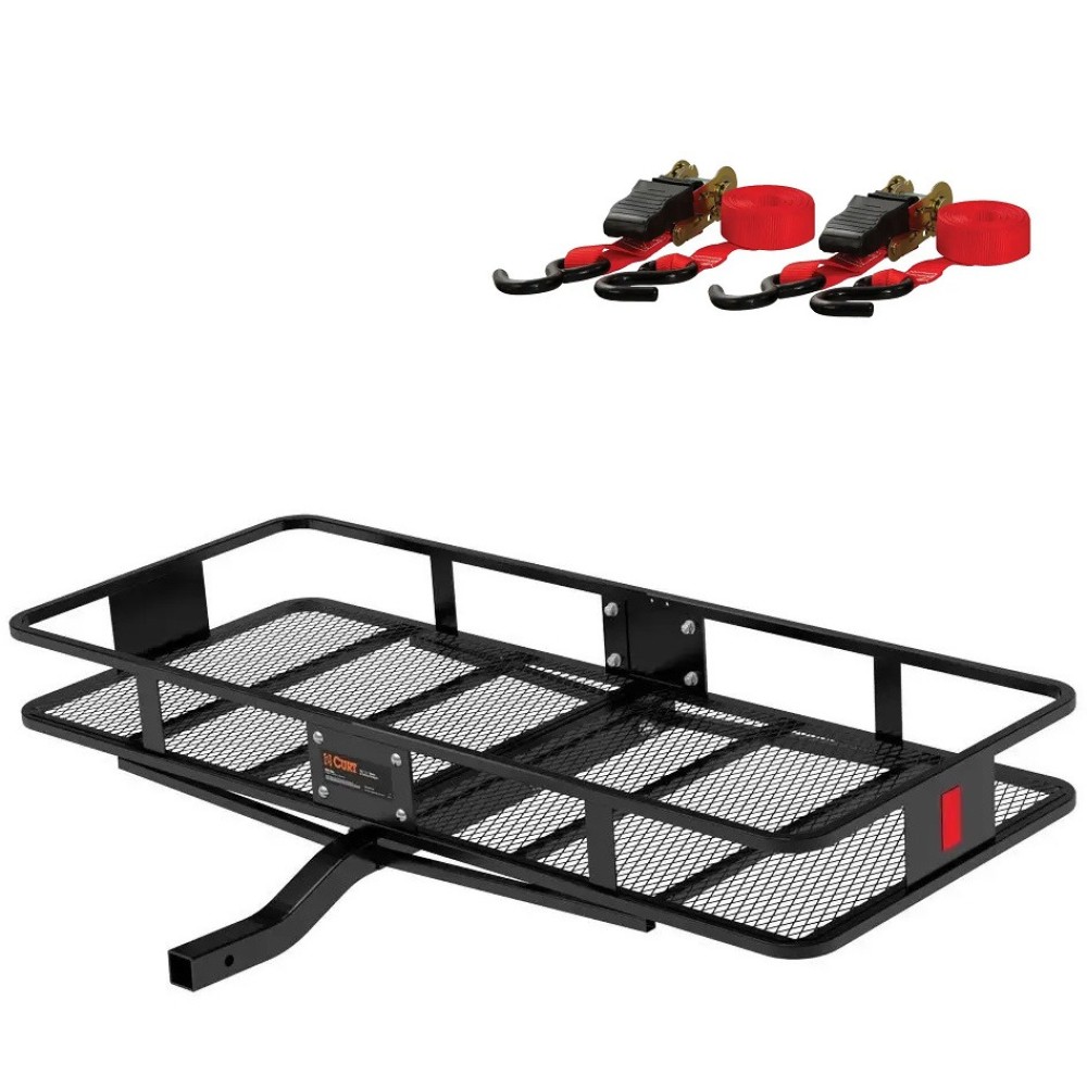 CURT 60x24 Basket Hitch Cargo Carrier & Ratchet Strap Kit – 500 lb Capacity CURT 60 x 24 inch hitch basket cargo carrier kit with ratchet straps for 2 inch receiver