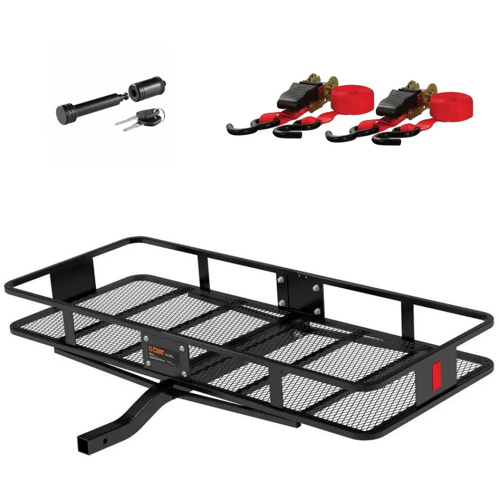 CURT 60x24 Hitch Cargo Carrier Bundle – Basket, Straps & Lock CURT 60x24 steel hitch basket cargo carrier with ratchet straps and locking pin
