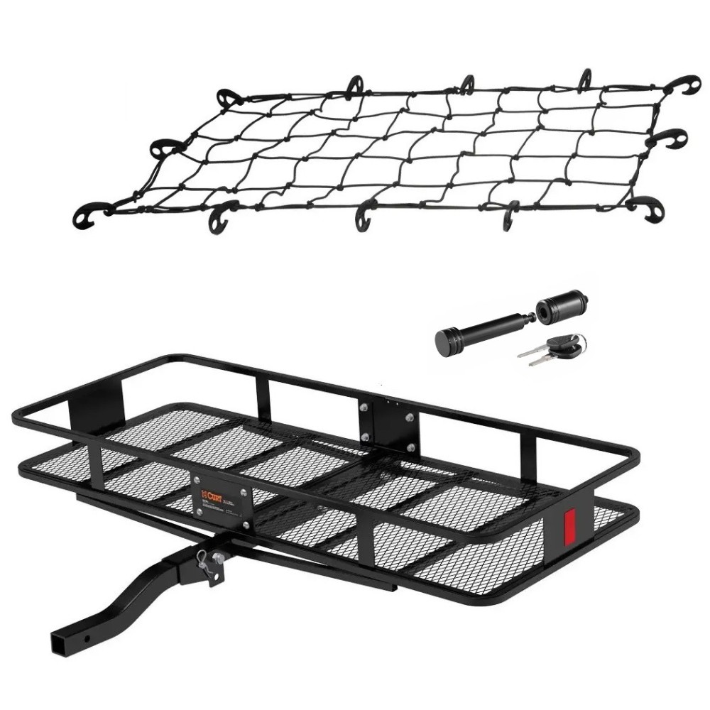 CURT Basket Cargo Carrier Folding 60x24 Bundle w/ Cargo Net & Hitch Lock CURT Folding Hitch Cargo Carrier 60x24 with Elastic Net and Hitch Lock