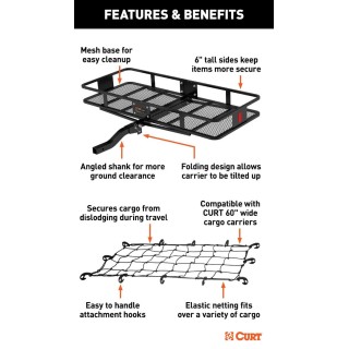CURT Folding Basket Hitch Carrier – 60"x24" w/ Bag, Net & Lock, 2" Receiver CURT 60x24 Folding Basket Hitch Cargo Carrier with Weatherproof Bag, Net, and Hitch Lock