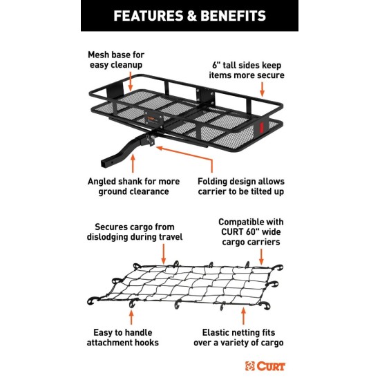 CURT Basket Cargo Carrier Folding 60x24 Bundle w/ Cargo Net & Hitch Lock CURT Folding Hitch Cargo Carrier 60x24 with Elastic Net and Hitch Lock