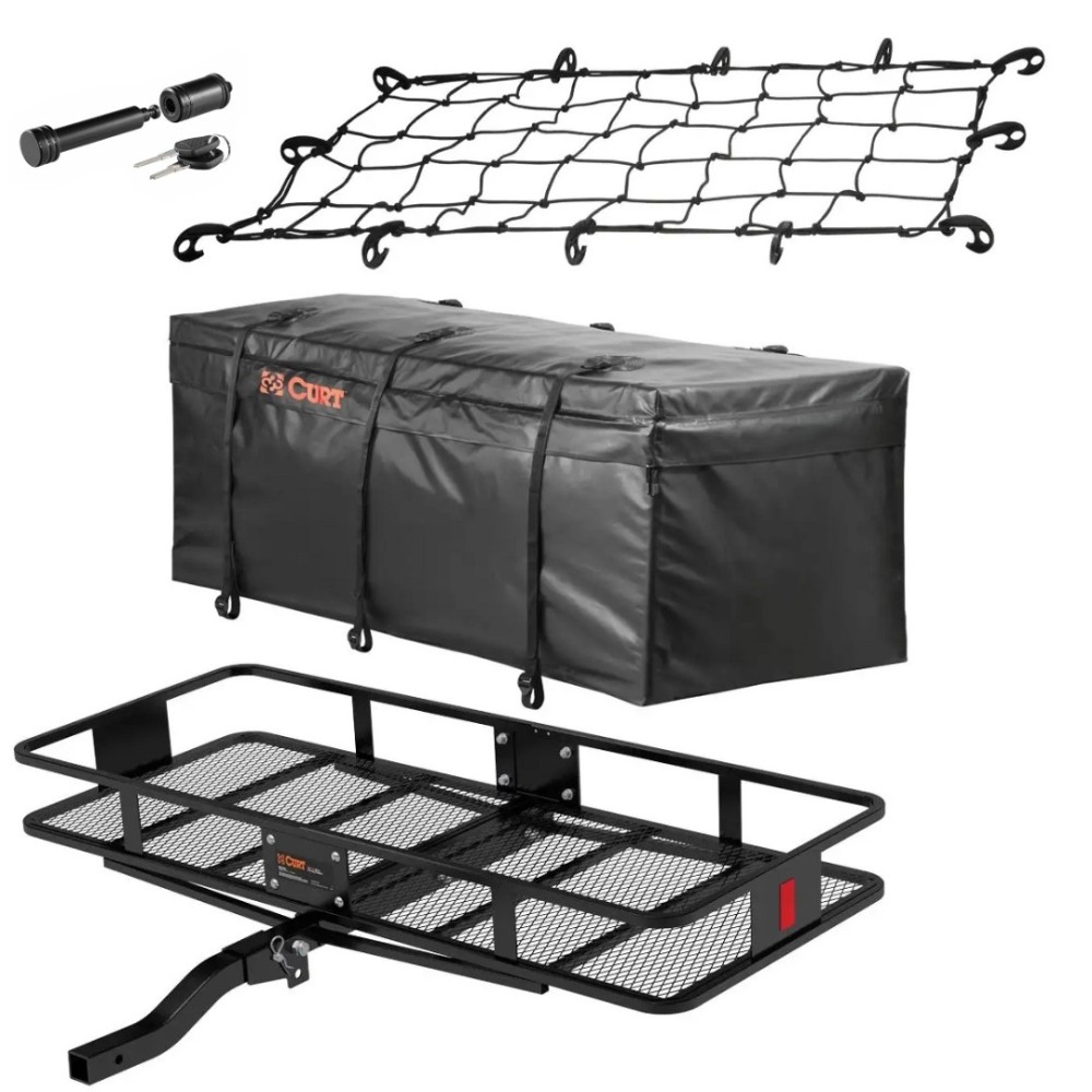 CURT Folding Basket Hitch Carrier – 60"x24" w/ Bag, Net & Lock, 2" Receiver CURT 60x24 Folding Basket Hitch Cargo Carrier with Weatherproof Bag, Net, and Hitch Lock