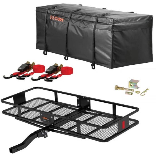 CURT 60x24 Folding Hitch Cargo Carrier with Bag and Anti-Rattle Kit CURT 60x24 Folding Hitch Cargo Carrier with Cargo Bag, Tie Down Straps and Anti-Rattle Pin – Heavy-Duty Steel Basket for 2" Receiver