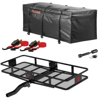 CURT folding hitch cargo carrier kit with vinyl bag, ratchet straps, and 5/8" lock CURT 60x24 folding hitch cargo carrier with waterproof bag, tie-down straps, and lock