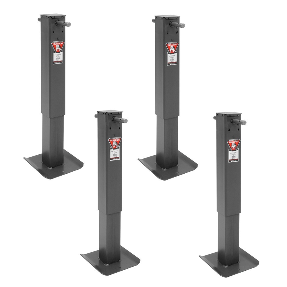 BULLDOG 4-Pack 12,000 lb Square Sidewind Trailer Jacks 26″ Lift Fixed Leg BULLDOG 12K square trailer jack 4-pack with 26″ lift, sidewind, fixed leg, black powdercoat