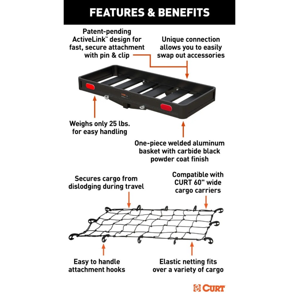 CURT 49 x 22 ActiveLink Aluminum Hitch Cargo Carrier with Net and Anti-Rattle Pin CURT 49 x 22 ActiveLink Aluminum Hitch Cargo Carrier with Net and Anti-Rattle Pin