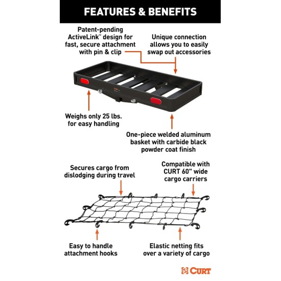 CURT 49 x 22 ActiveLink Aluminum Hitch Cargo Carrier with Net and Anti-Rattle Pin CURT 49 x 22 ActiveLink Aluminum Hitch Cargo Carrier with Net and Anti-Rattle Pin
