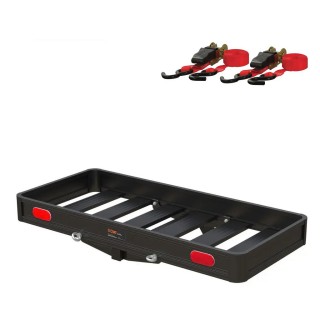 CURT ActiveLink Aluminum Hitch Cargo Carrier Bundle 49x22 – 500 lb, Ratchet Straps CURT ActiveLink 49x22 aluminum hitch cargo carrier with ratchet tie-down straps – 500 lb capacity