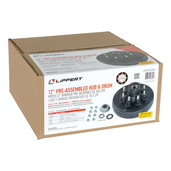 Lippert 7K Axle Hub Drum + 12x2 Electric Brake (RH, 8 on 6.5, 1/2″ Stud) Lippert 7K Axle 12x2 Pre-Greased Hub Drum and Right Hand Electric Brake Assembly