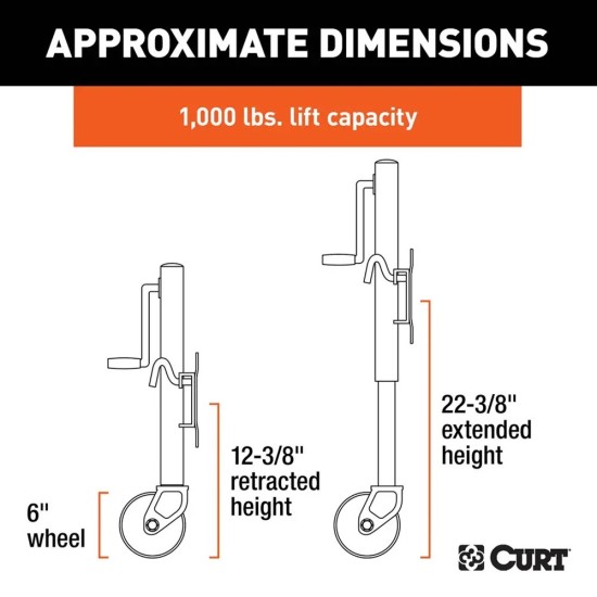 CURT Marine Trailer Jack with 6" Wheel and Swivel Mount – 1,000 lb Capacity CURT Marine Trailer Jack with 6" Wheel, 10" Travel, Swivel Mount, 1,000 lbs