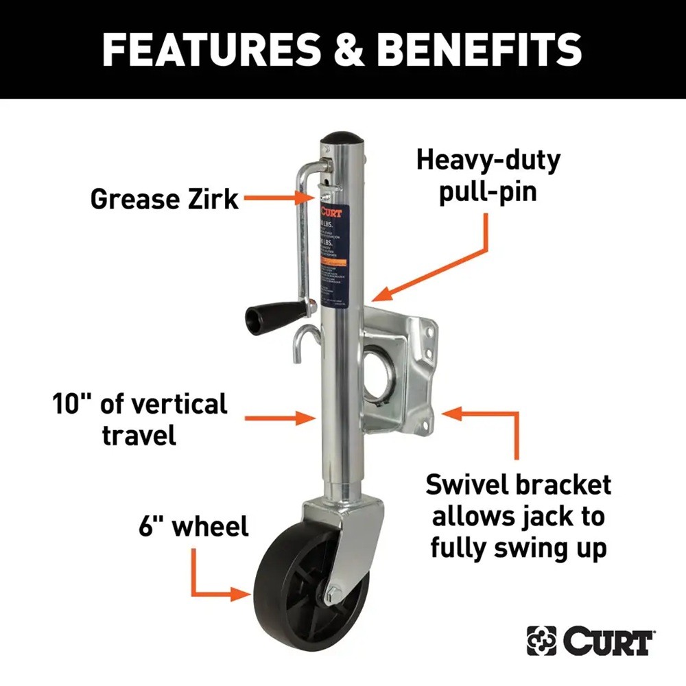 CURT Marine Trailer Jack with 6" Wheel, 10" Travel, Swivel Mount, 1,000 lbs