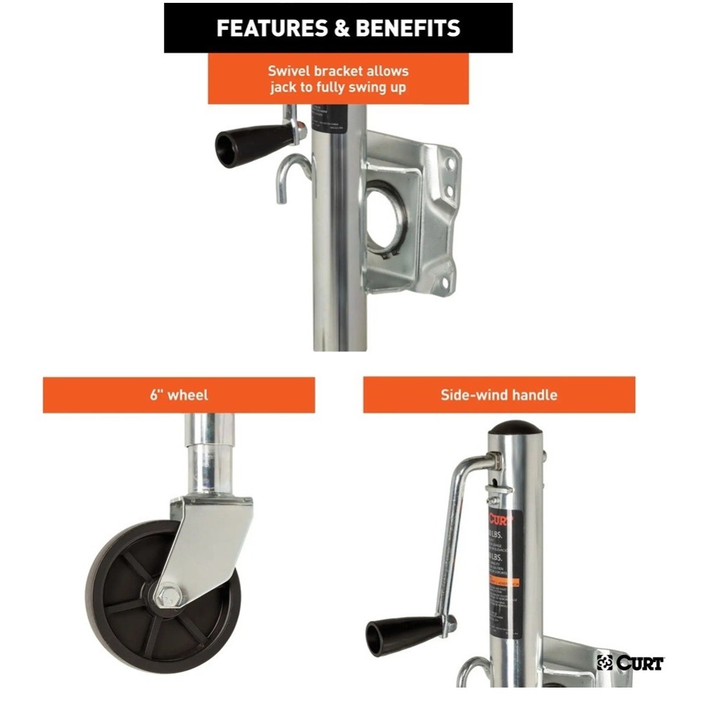 CURT Marine Trailer Jack with 6" Wheel, 10" Travel, Swivel Mount, 1,000 lbs