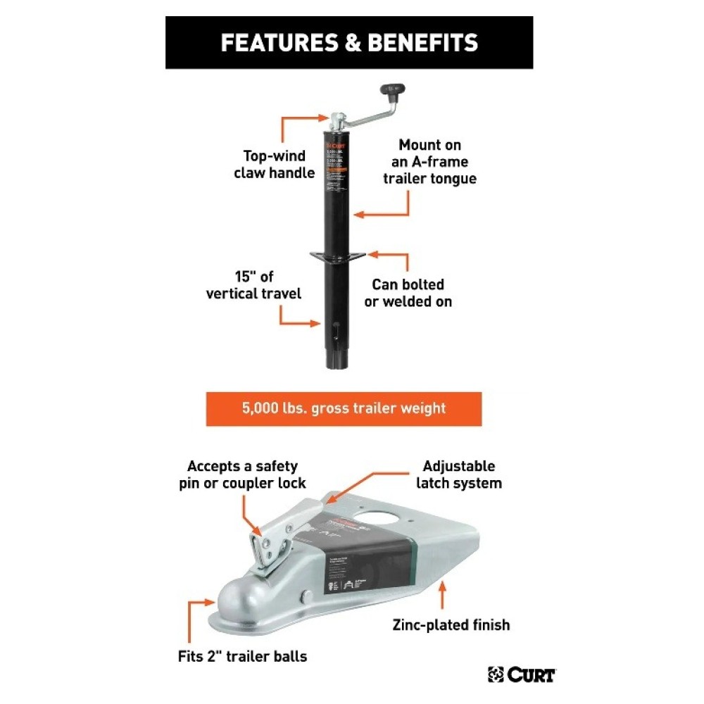 CURT 5000 lbs A-Frame Jack & Coupler Bundle – Quality Towing Equipment CURT A-Frame Trailer Jack & 2" A-Frame Coupler Bundle for Towing