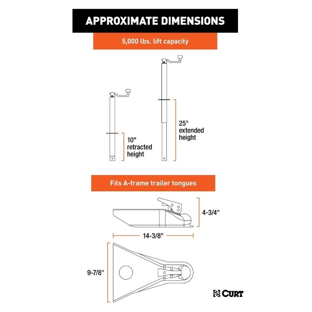 CURT 5000 lbs A-Frame Trailer Jack & Coupler Bundle CURT A-Frame Trailer Jack and 2-Inch Coupler Bundle, 5000 lbs capacity, top handle, 15-inch travel