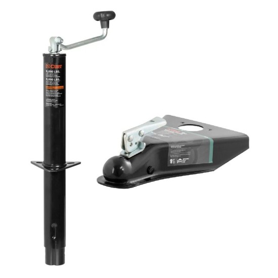 CURT A-Frame Trailer Jack and 2-Inch Coupler Bundle, 5000 lbs capacity, top handle, 15-inch travel