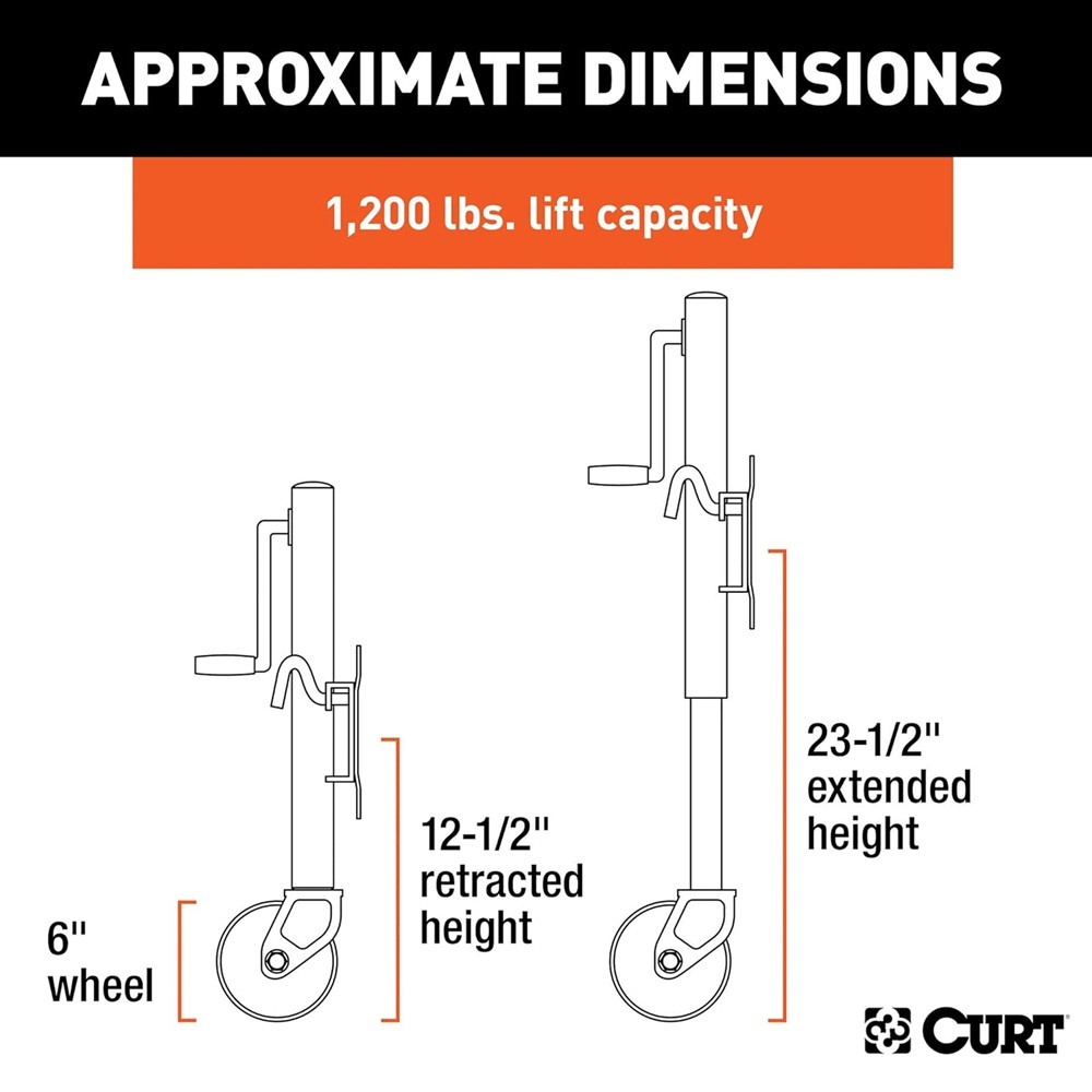 CURT 1,200 lb Marine Trailer Jacks – Sidewind Crank with Swivel Mount CURT 1.2K Marine Trailer Jacks with 6-Inch Wheel, Sidewind Handle – 10" Travel