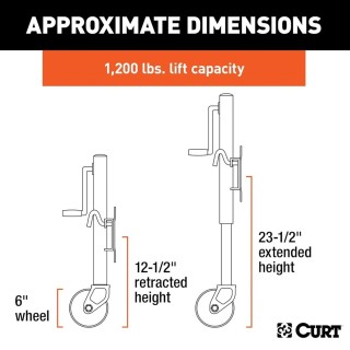 CURT 1,200 lb Marine Trailer Jacks – Sidewind Crank with Swivel Mount CURT 1.2K Marine Trailer Jacks with 6-Inch Wheel, Sidewind Handle – 10" Travel