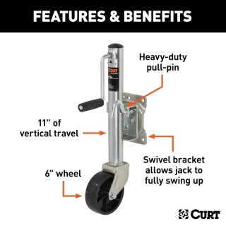 CURT 1,200 lb Marine Trailer Jacks – Sidewind Crank with Swivel Mount CURT 1.2K Marine Trailer Jacks with 6-Inch Wheel, Sidewind Handle – 10" Travel