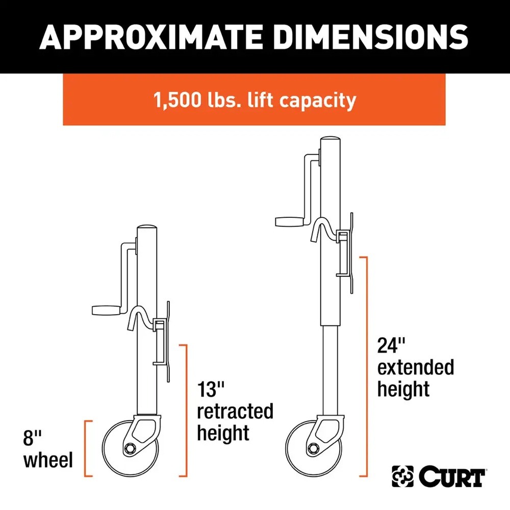 CURT 1.5K Marine Jack with Swivel Mount, 8" Wheel, 10" Travel – 10-Pack CURT Marine Trailer Jack with 8-Inch Wheel and Sidewind Handle – 1,500 lbs Capacity