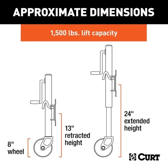CURT 1.5K Marine Jack with Swivel Mount, 8" Wheel, 10" Travel – 10-Pack CURT Marine Trailer Jack with 8-Inch Wheel and Sidewind Handle – 1,500 lbs Capacity