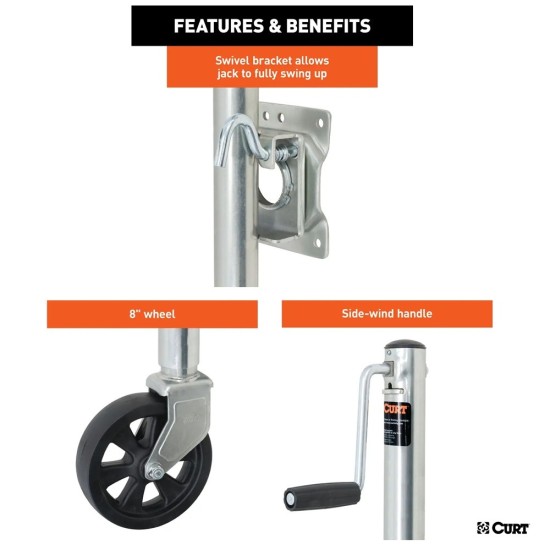 CURT 1.5K Marine Jack with Swivel Mount, 8" Wheel, 10" Travel – 10-Pack CURT Marine Trailer Jack with 8-Inch Wheel and Sidewind Handle – 1,500 lbs Capacity