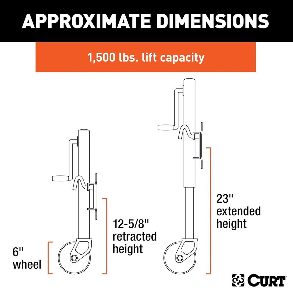 CURT Marine Jack 1.5K with Dual Wheels and 10" Travel – Set of 4 CURT 1.5K Marine Trailer Jack with Dual 6" Wheels and 10" Travel – 4 Pack