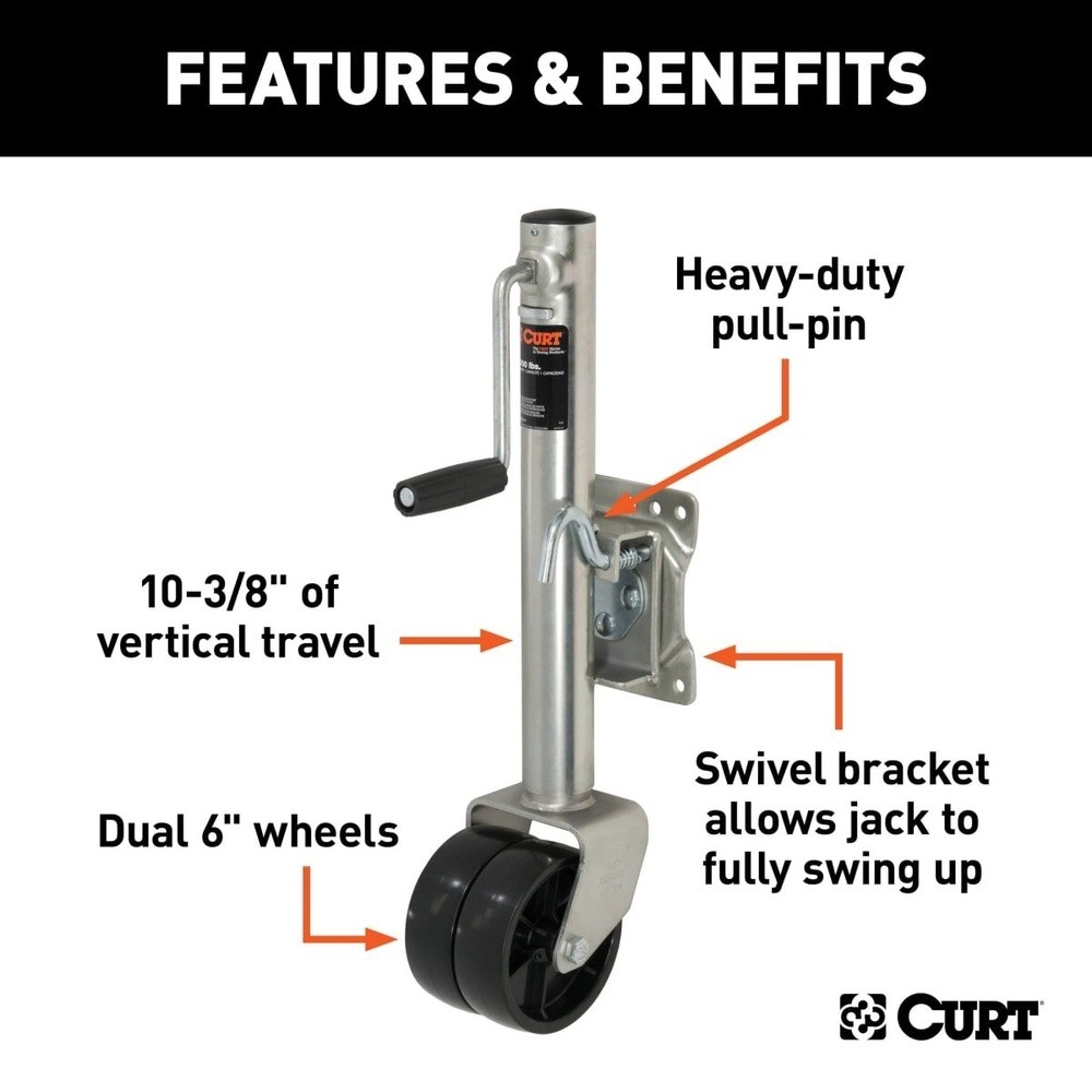 CURT 1500 lb Marine Jack – Dual 6" Wheels, 10" Lift, Sidewind, Zinc Finish CURT 1.5K Marine Trailer Jack with Dual 6-Inch Wheels and 10-Inch Travel